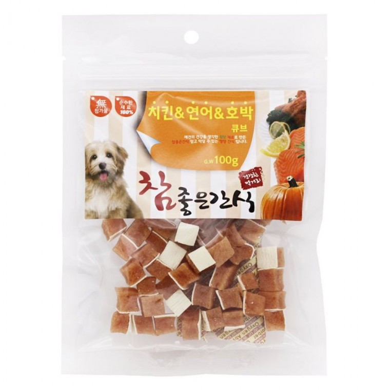 헬로도기 강아지 간식 호박 연어 치킨 큐브 100g 반려견 수제 트릿